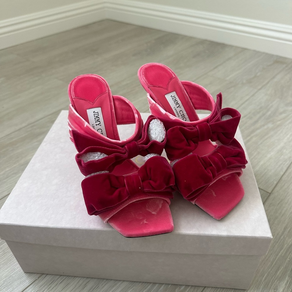 Jimmy Choo Hot Pink Velvet Bow Slide Sandals